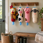 Rooster, cow, pig and sheep crochet bag holders on a wooden mudroom hook board above a low bench and basket.