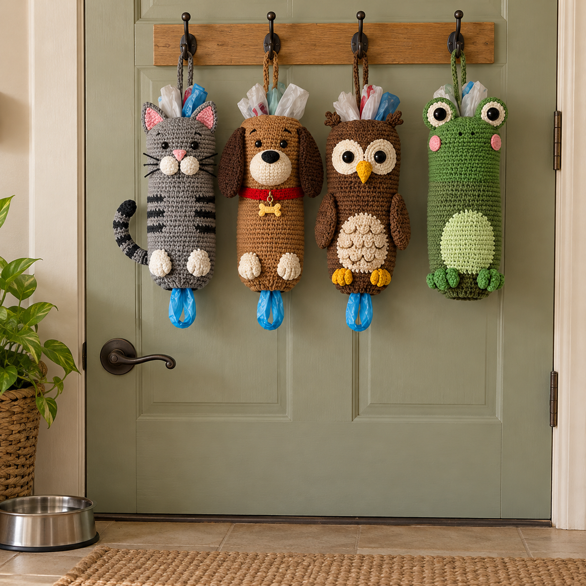 Grey cat, brown dog, owl and green frog crochet bag holders on a wooden hook board inside a utility-room door, with a pet bowl on the floor.