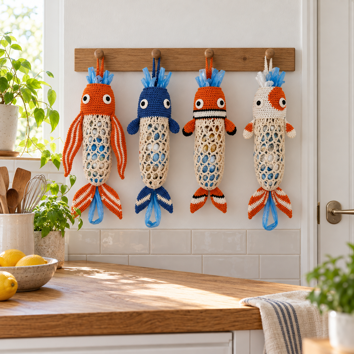 Goldfish, bluefish, clownfish and koi crochet bag holders with cream mesh bodies in a white-and-wood kitchen.
