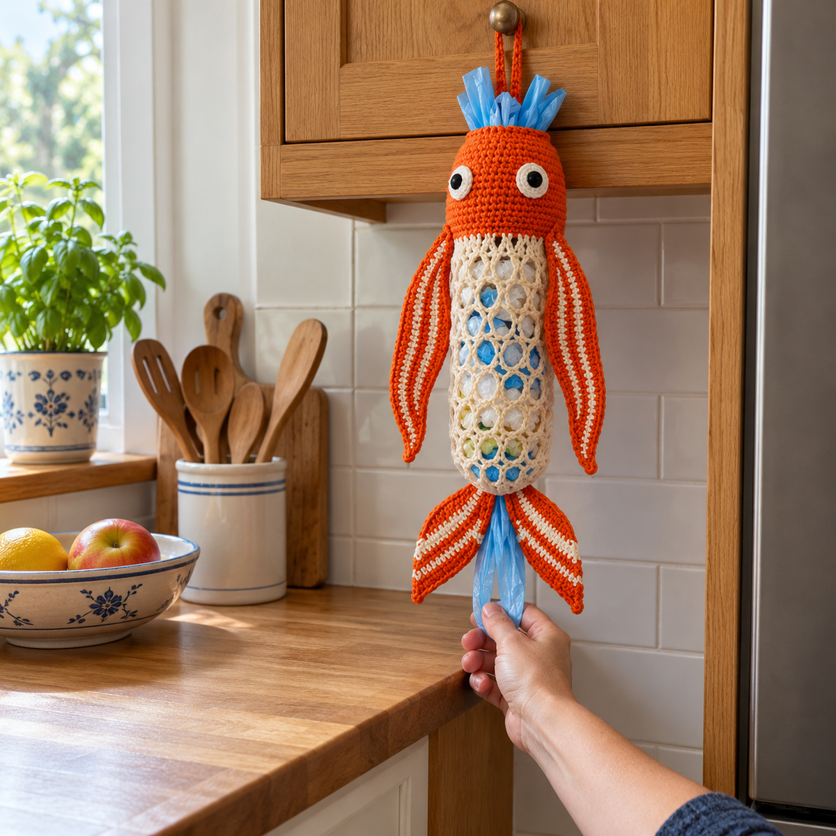 An adult hand pulling a light-blue plastic shopping bag from the elastic bottom of the goldfish crochet holder beside a kitchen counter.