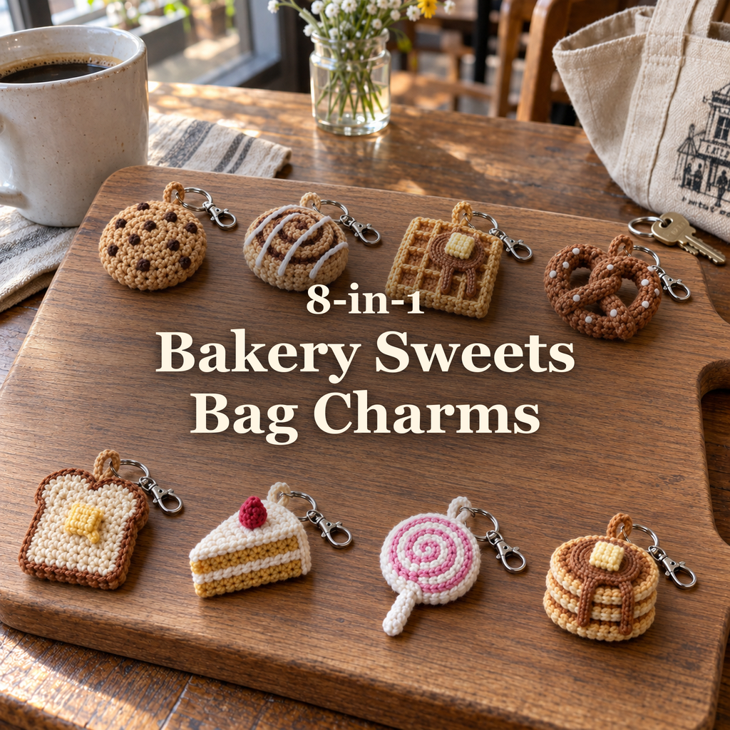 Eight miniature crochet bakery and sweet-treat bag charms on a wooden board in a sunny cafe, with the title 8-in-1 Bakery Sweets Bag Charms.