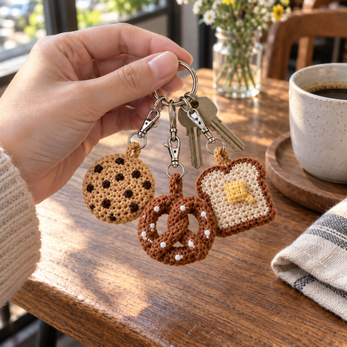 An adult hand holding keys with miniature chocolate-chip cookie, pretzel and toast crochet charms on short yarn loops and metal rings.