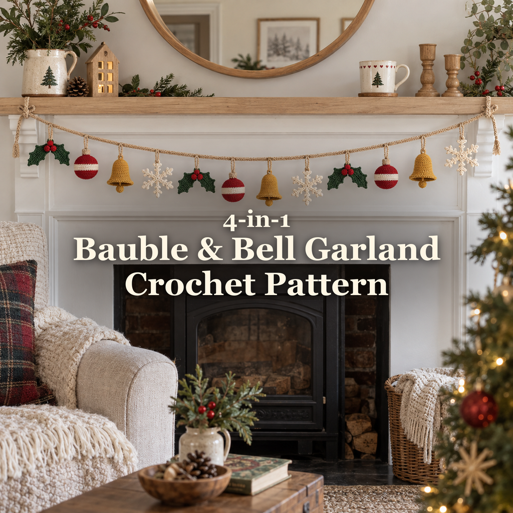 Small crochet baubles, gold bells, holly sprigs and cream snowflakes on a tan garland across a Christmas mantel, with the crochet pattern title.