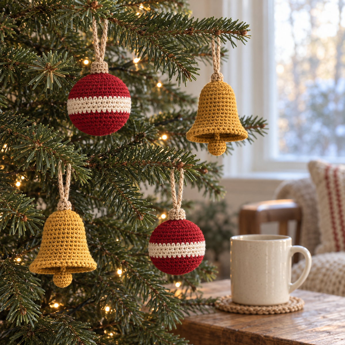 Deep-red crochet baubles with cream bands and tan caps, and mustard-gold crochet bells with small yarn clappers, hanging from a Christmas tree branch.