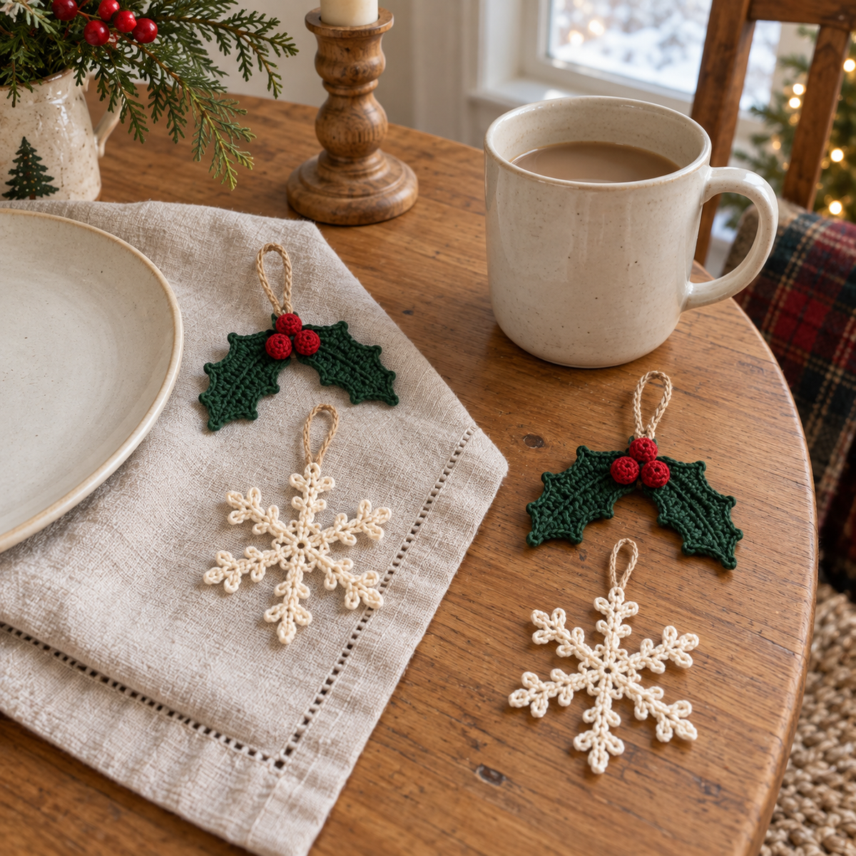 Forest-green crochet holly sprigs with red berries and flat cream six-armed snowflakes in a Christmas table setting.