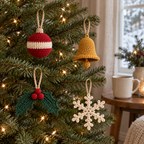 Individual crochet Christmas motifs hanging from natural-tan yarn loops on tree branches, with visible cotton stitches.