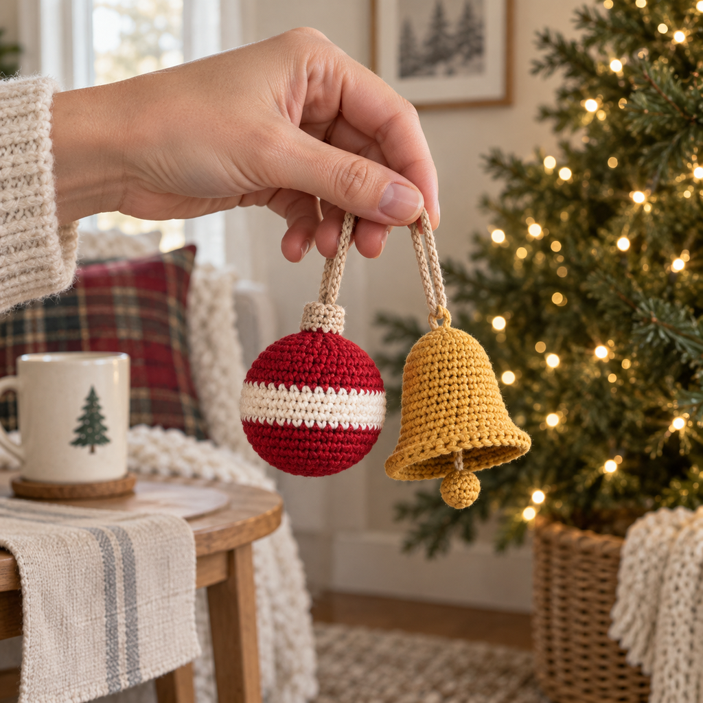 An adult hand holding one small red crochet bauble and one gold crochet bell by their natural-tan yarn loops.