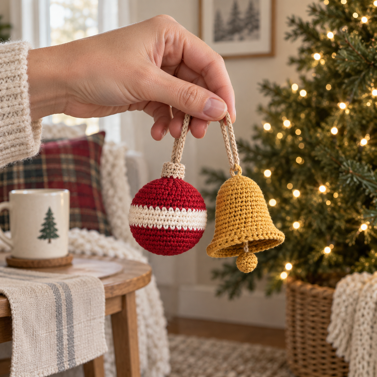 An adult hand holding one small red crochet bauble and one gold crochet bell by their natural-tan yarn loops.