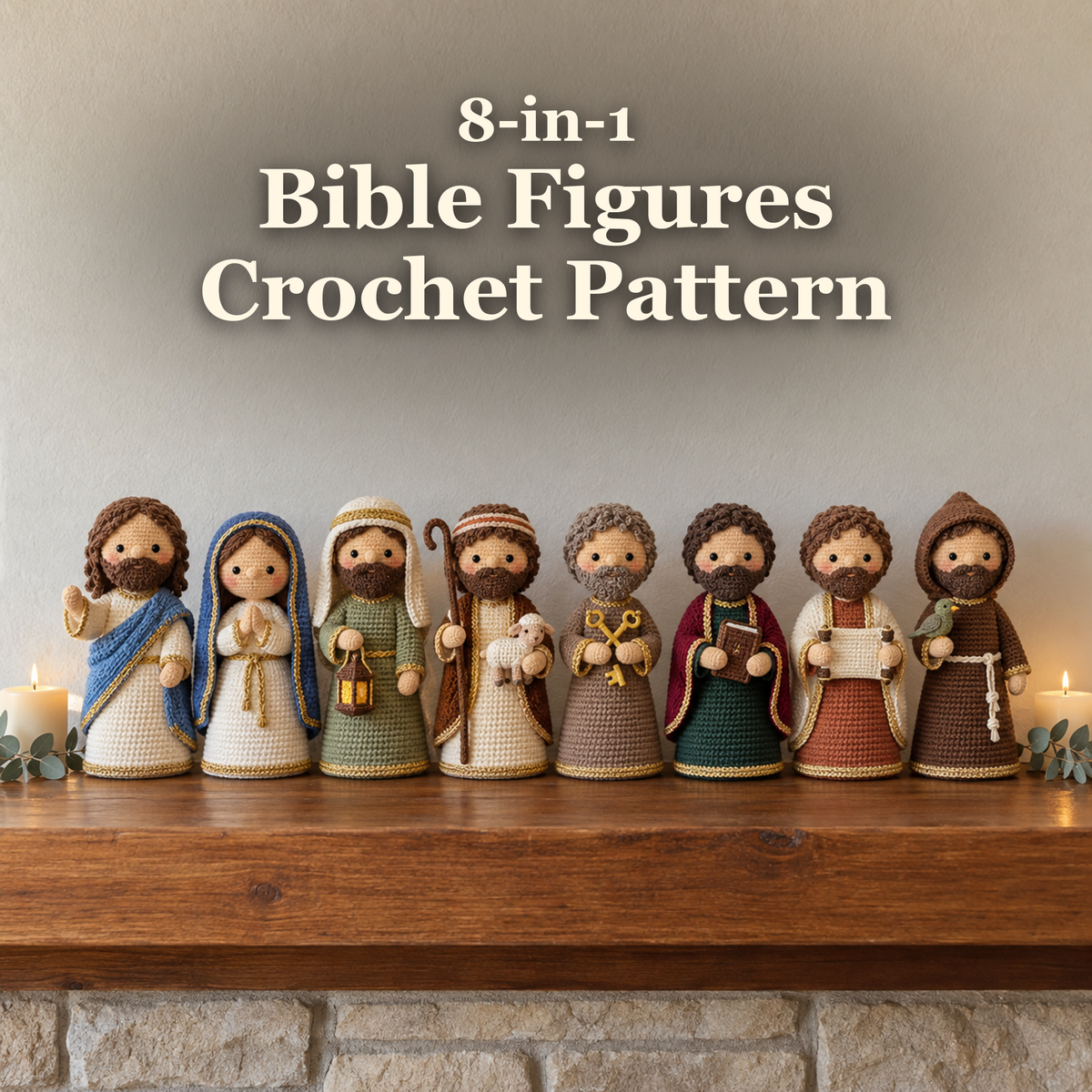 8-in-1 Bible Figures Crochet Pattern title above eight crocheted figures on a wooden mantel with candles and greenery.