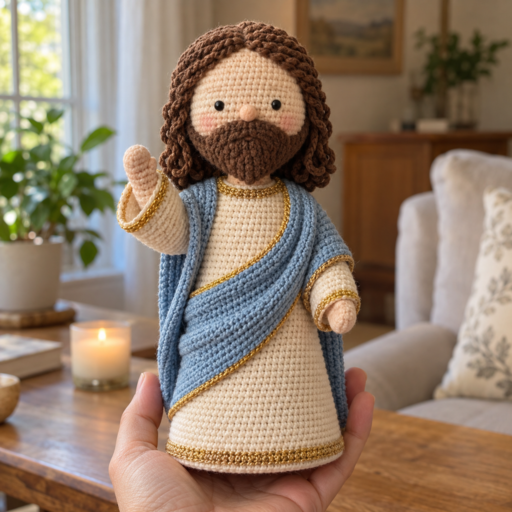 An adult hand supports a cream-robed Jesus crochet figure with a sky-blue mantle and raised mitten hand.