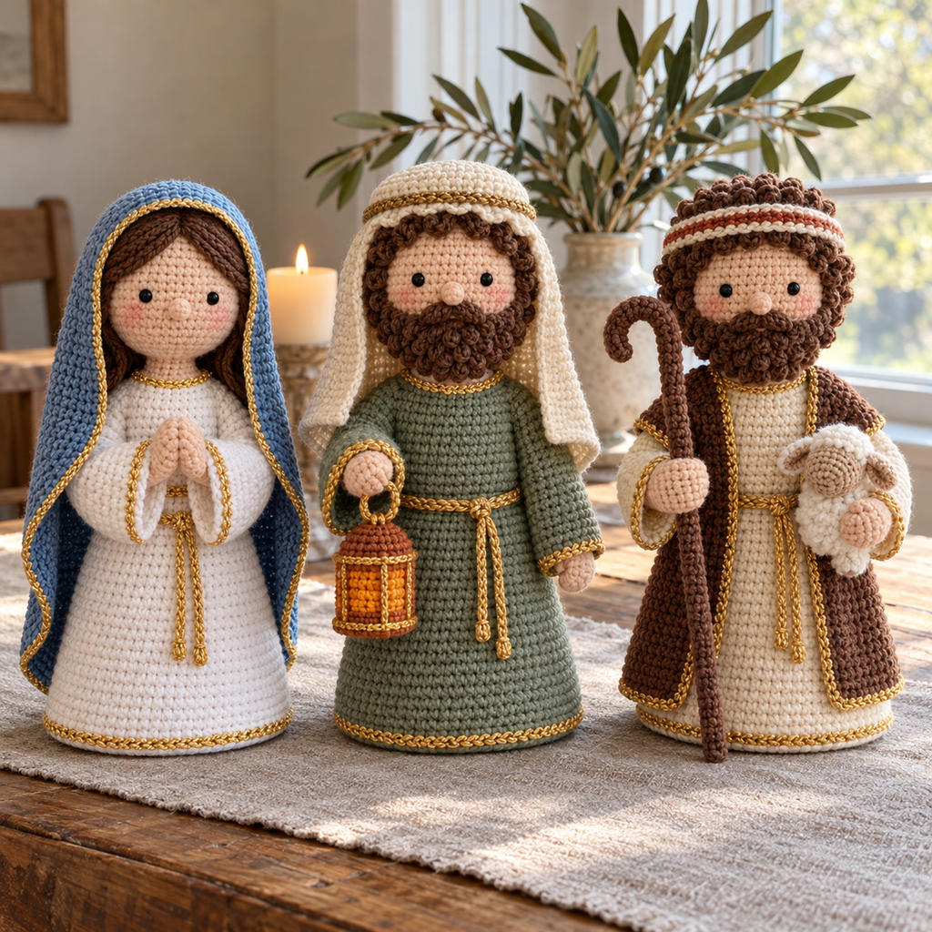 Mary, Joseph and a Shepherd stand on linen by a window; Joseph and the Shepherd have full curly crochet beards and hold a lantern, crook and lamb.