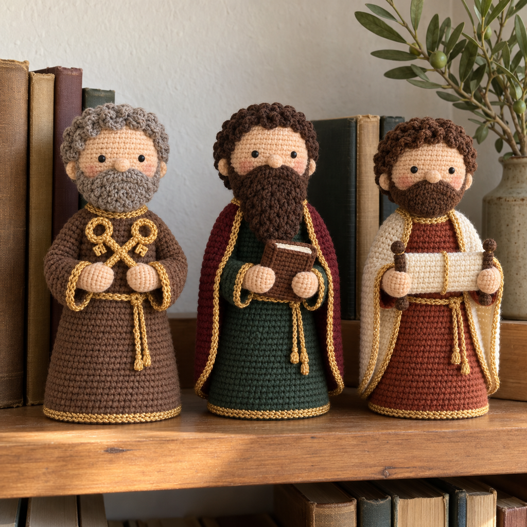 Peter with crossed gold keys, Paul with a book and John with a scroll stand on a wooden bookshelf.