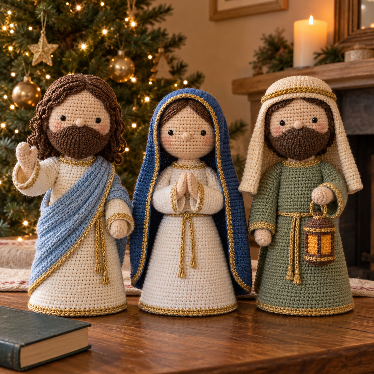 Jesus, Mary and Joseph crochet figures stand near a Christmas tree with warm fairy lights.