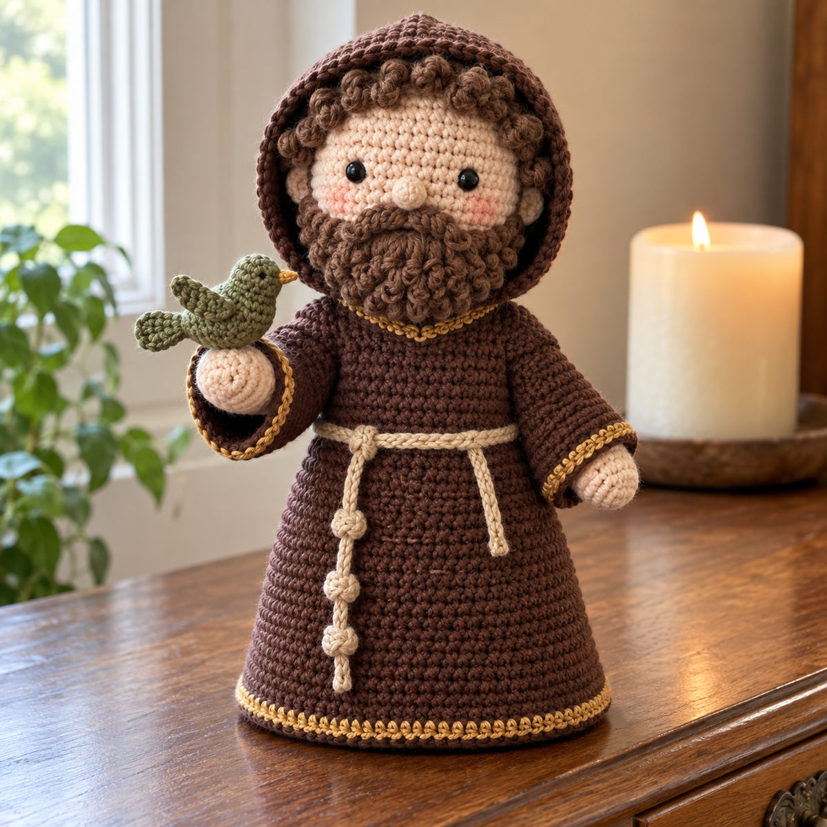 An angled view of Francis with a full curly brown beard, brown hooded habit, three knots on a rope belt and an olive-green bird on his hand.