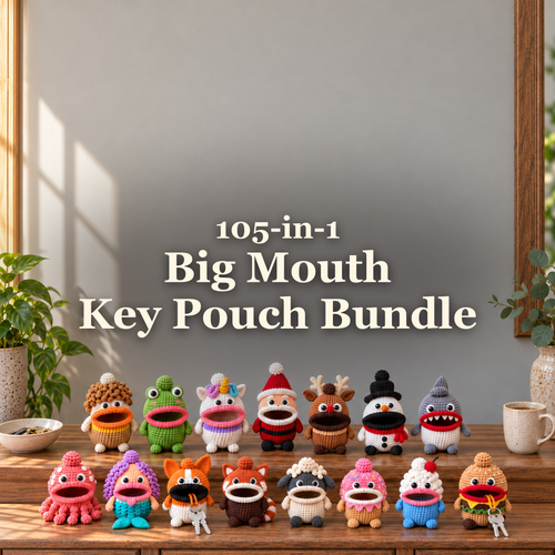 Fifteen crochet key pouches on an entry console beneath the title 105-in-1 Big Mouth Key Pouch Bundle. Keys hang from Corgi and Burger.