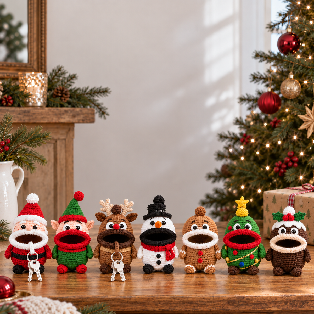 Crochet key pouches Santa, Elf, Reindeer, Snowman, Gingerbread Man, Christmas Tree, Christmas Pudding stand on a Christmas mantel beside a decorated tree.