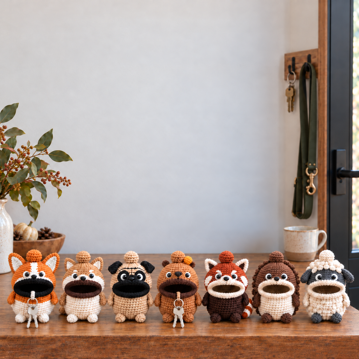 Crochet key pouches Corgi, Shiba Inu, Pug, Hamster, Red Panda, Sloth, Sheep stand on a wooden entryway table beside a mug and leash.