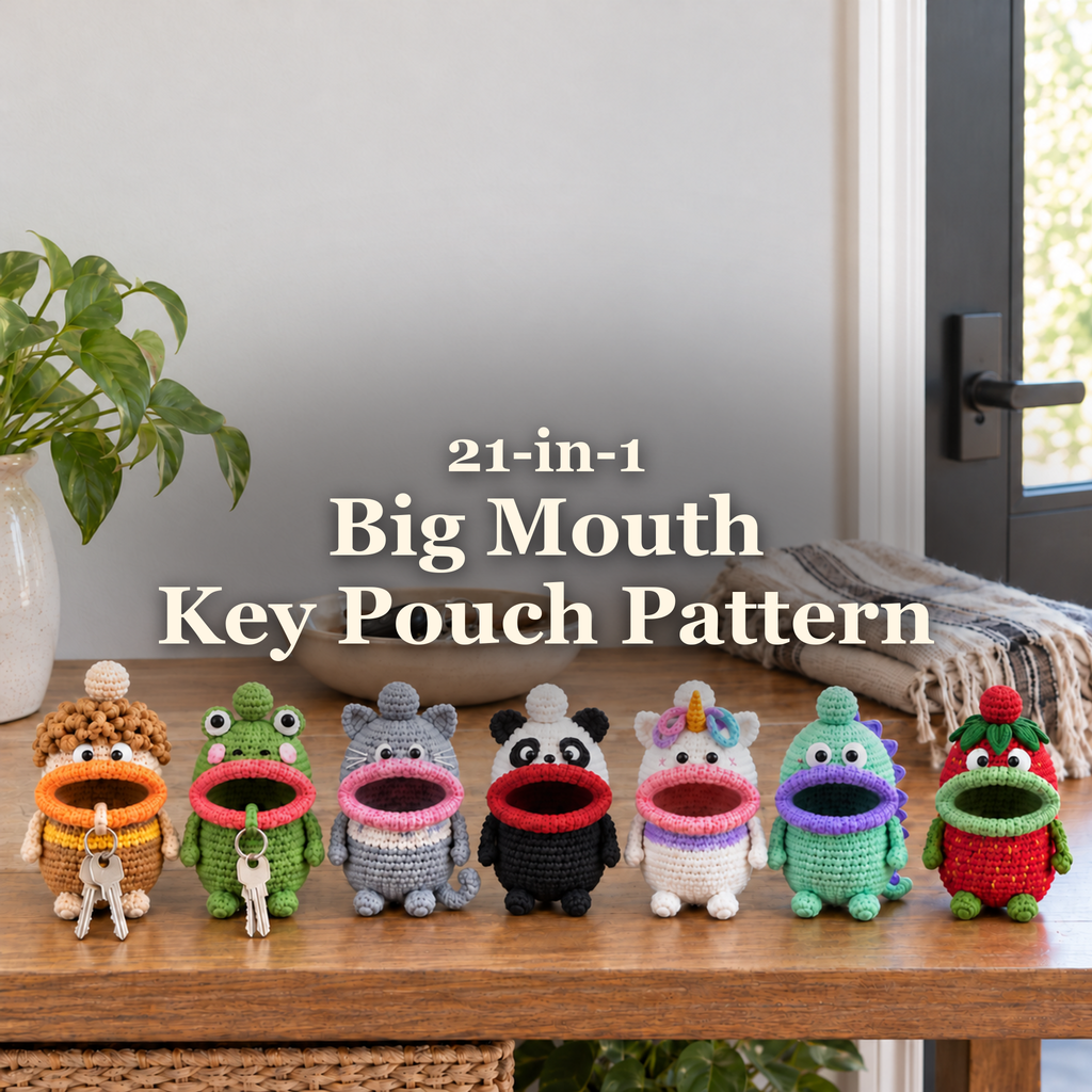 Seven crochet character key pouches on a sunlit wooden entryway console beneath the title 21-in-1, Big Mouth, Key Pouch Pattern.