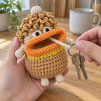 An adult holds the caramel, yellow and cream Curly Mop key pouch while pulling its silver key ring and two house keys from the orange rolled-lip mouth. The cream stopper ball rests on its curly crown.