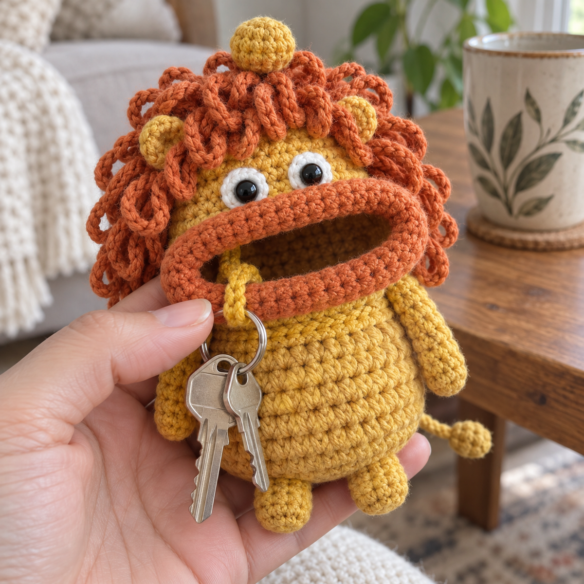 A fingertip touches the thick rust crochet lip of a mustard Lion key pouch, with burnt-orange chain-loop mane, white eyes, two ears and house keys visible.