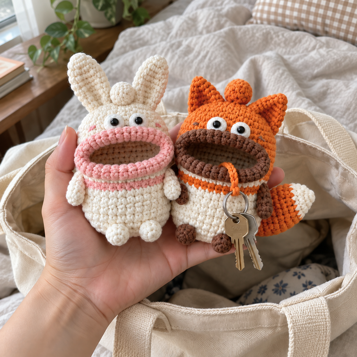 One hand holds a white Bunny pouch and an orange-and-white Fox pouch above an open canvas tote on a bed. Two house keys hang from the Fox mouth.