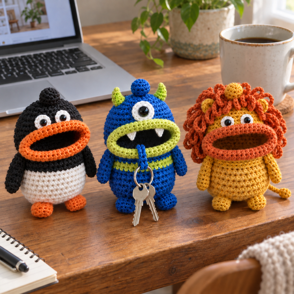 Penguin, a one-eyed blue Monster and Lion crochet key pouches stand on a wooden desk beside a laptop and mug. Two house keys hang from the Monster mouth.