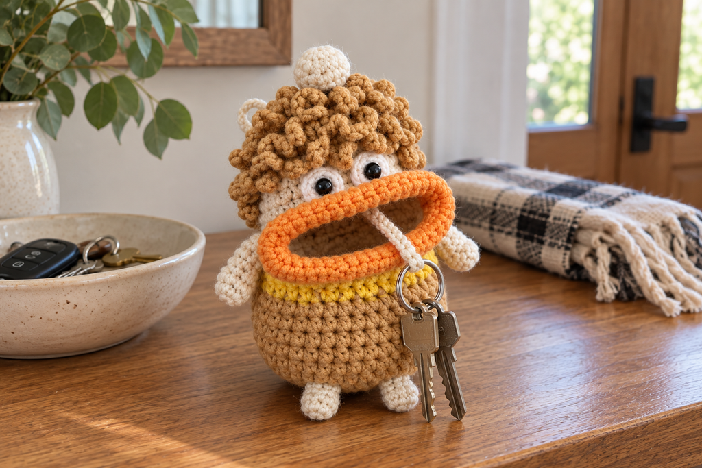 Curly Mop crochet key pouch with a caramel body, yellow band, cream head, curly hair and orange rolled lip, with house keys hanging from its open mouth.