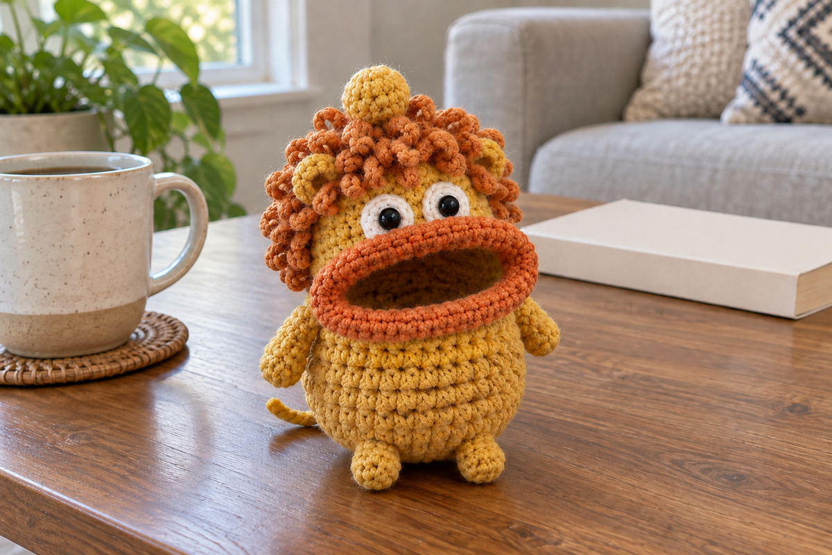 Mustard Lion crochet key pouch with a rust rolled lip, burnt-orange loop mane, round ears and an open, empty mouth.
