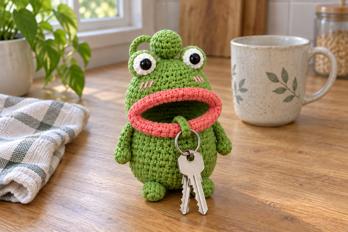 Leaf-green Frog crochet key pouch with raised eyes, pink stitched cheeks and a coral rolled lip, with house keys hanging from its open mouth.