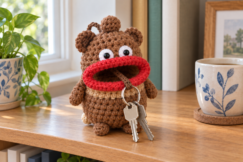 Brown Bear crochet key pouch with a tan band, round ears and a red rolled lip, with house keys hanging from its open mouth.