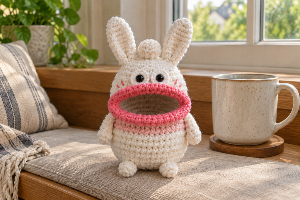 White Bunny crochet key pouch with tall ears, a blush band, pink cheeks and a rose-pink rolled lip around an open, empty mouth.