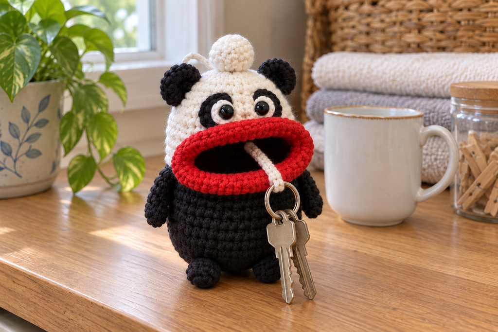 Panda crochet key pouch with a black body, white head, black eye patches and ears, and a red rolled lip, with house keys hanging from its open mouth.