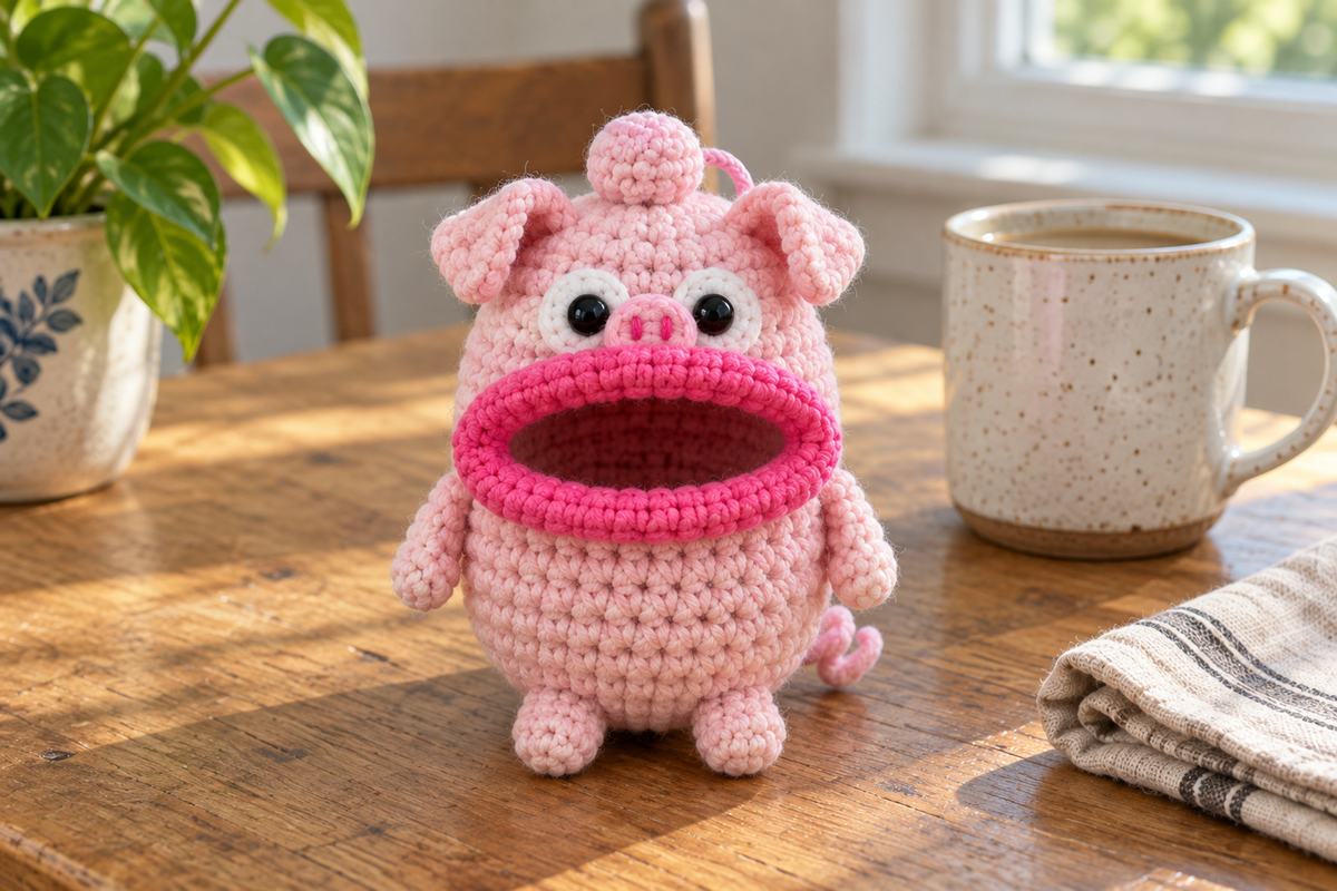 Baby-pink Pig crochet key pouch with folded ears, a two-nostril snout, curly tail and hot-pink rolled lip around an open, empty mouth.