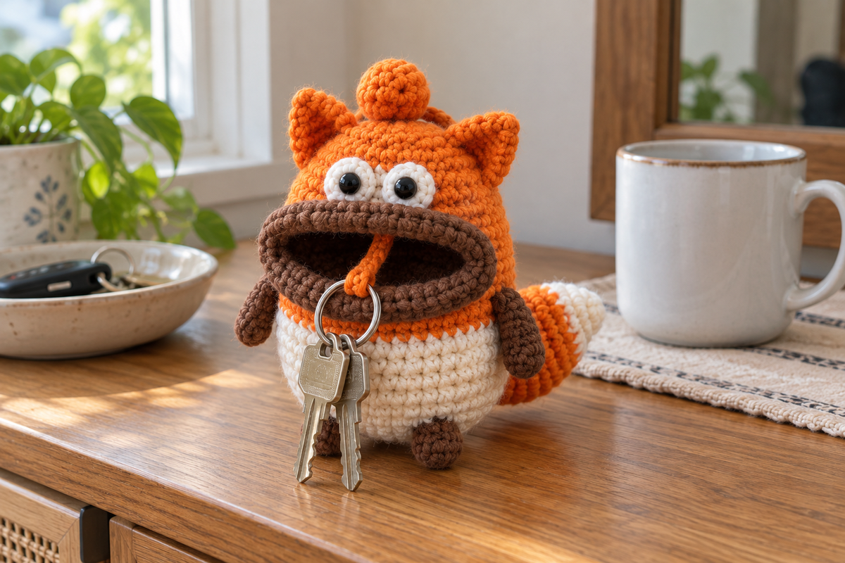 Fox crochet key pouch with a white body, orange head and band, pointed ears and a white-tipped orange tail, with house keys hanging from its brown-lipped mouth.