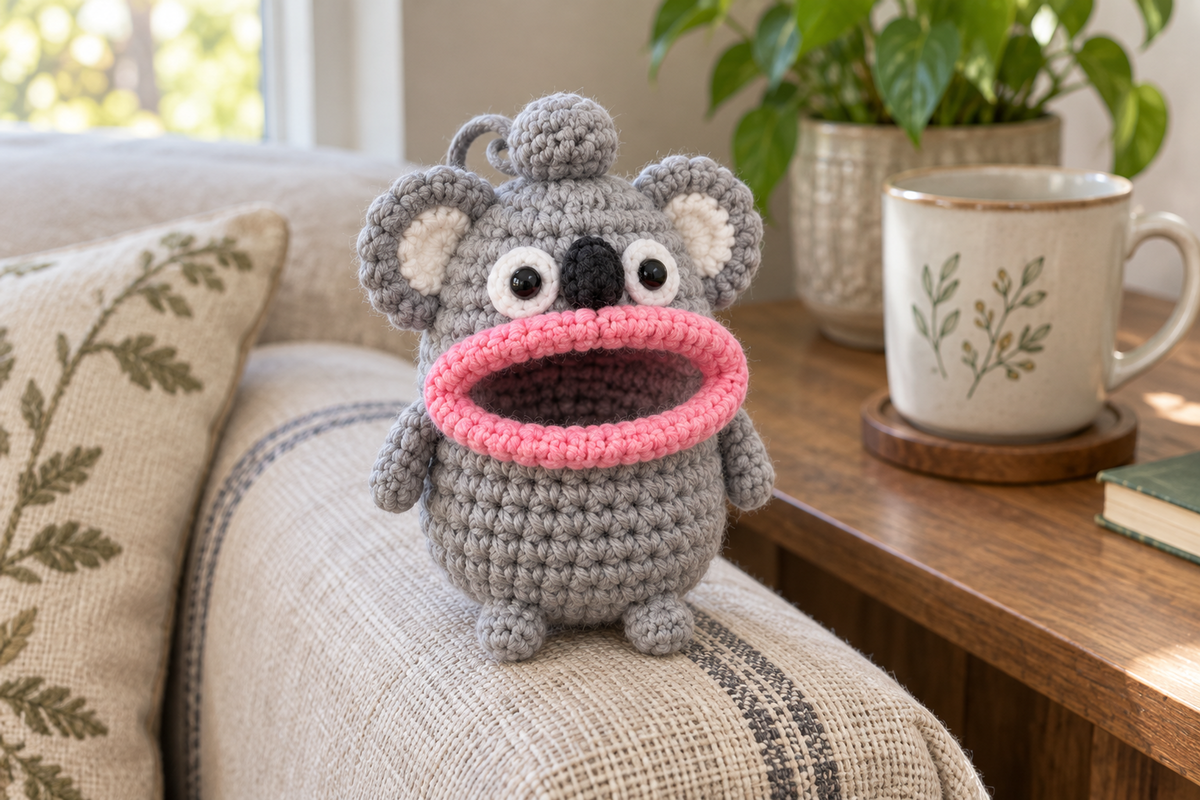 Grey Koala crochet key pouch with large white-lined round ears, a black nose and a pink rolled lip around an open, empty mouth.