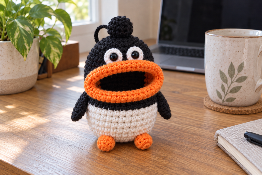 Penguin crochet key pouch with a white body, black head and flippers, orange feet and an orange rolled lip around an open, empty mouth.