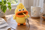 Lemon-yellow Chick crochet key pouch with a looped crown tuft, orange feet and an orange rolled lip, with house keys hanging from its open mouth.