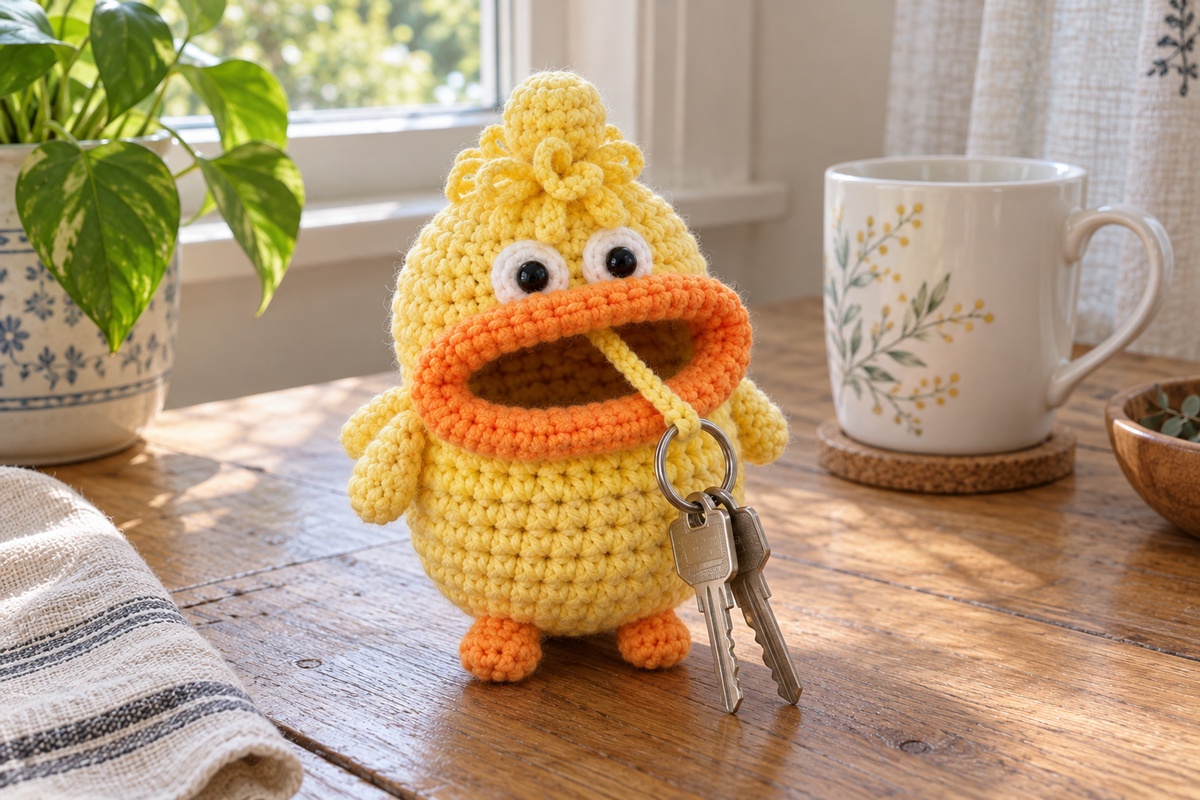 Lemon-yellow Chick crochet key pouch with a looped crown tuft, orange feet and an orange rolled lip, with house keys hanging from its open mouth.