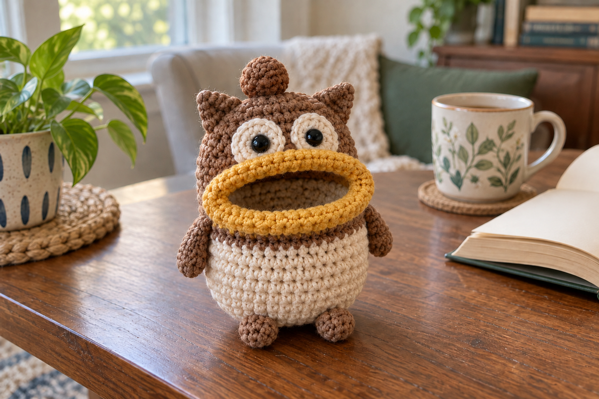 Owl crochet key pouch with a cream body, brown head, pointed tufts and large cream eye rings, with a mustard rolled lip around an open, empty mouth.