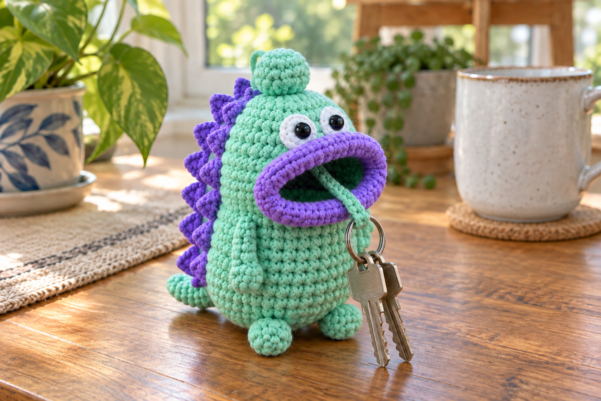 Mint Dino crochet key pouch with purple back spikes, a mint tail and a purple rolled lip, with house keys hanging from its open mouth.