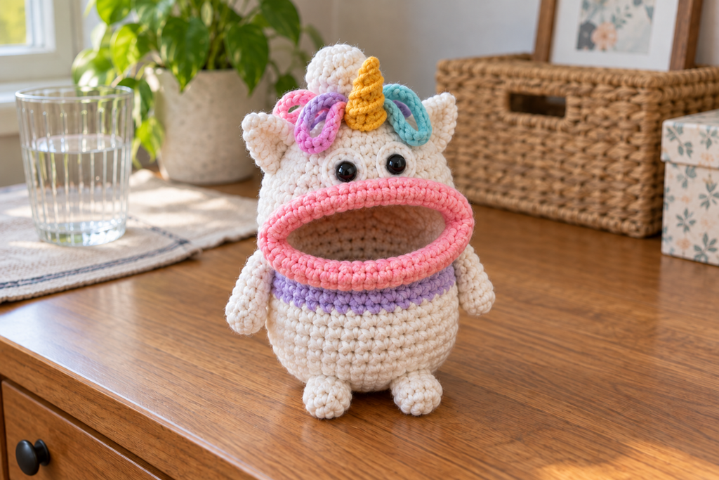 White Unicorn crochet key pouch with a lilac band, gold spiral horn, pointed ears and pastel looped hair, with a pink rolled lip around an open, empty mouth.