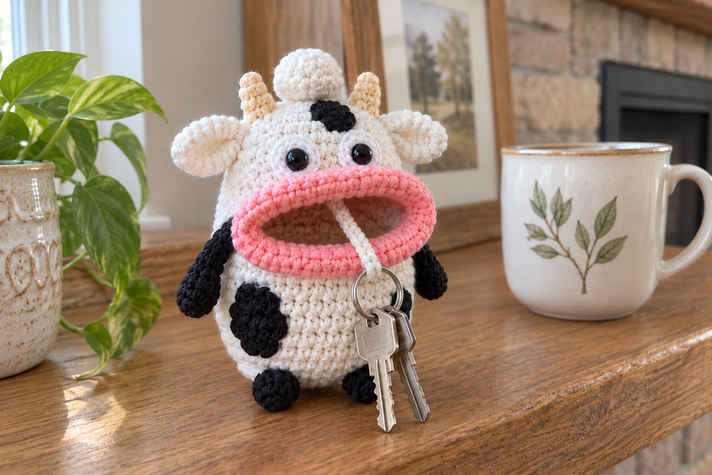 White Cow crochet key pouch with black spots and limbs, cream horns, side ears and a pink rolled lip, with house keys hanging from its open mouth.