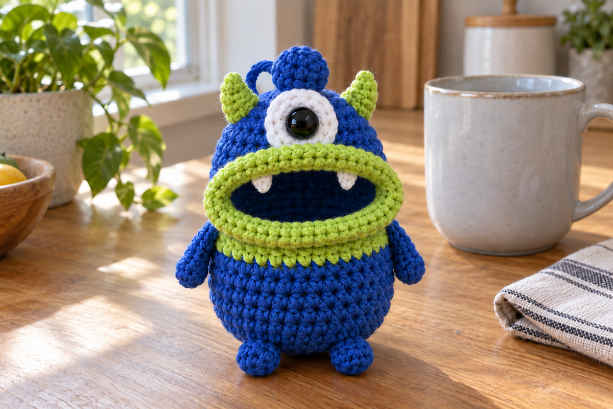 One-eyed royal-blue Monster crochet key pouch with a lime band, lime horns, two white teeth and a lime rolled lip around an open, empty mouth.