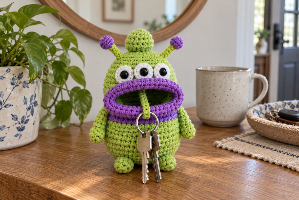 Lime Alien crochet key pouch with three eyes, purple-tipped antennae, a purple band and a purple rolled lip, with house keys hanging from its open mouth.