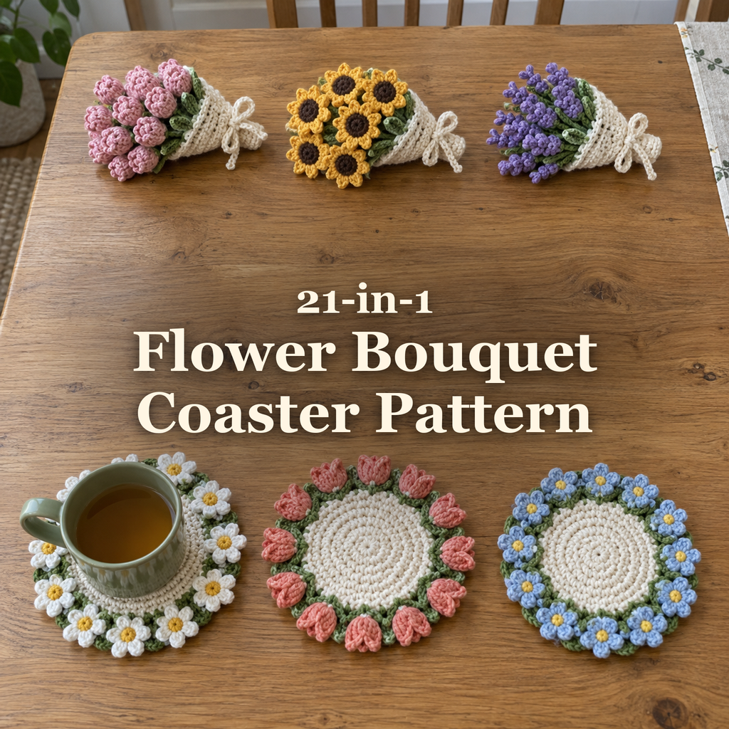 Flower Bouquet Coaster Pattern title between three tied crochet bouquets and three flat flower coasters on a wooden table.