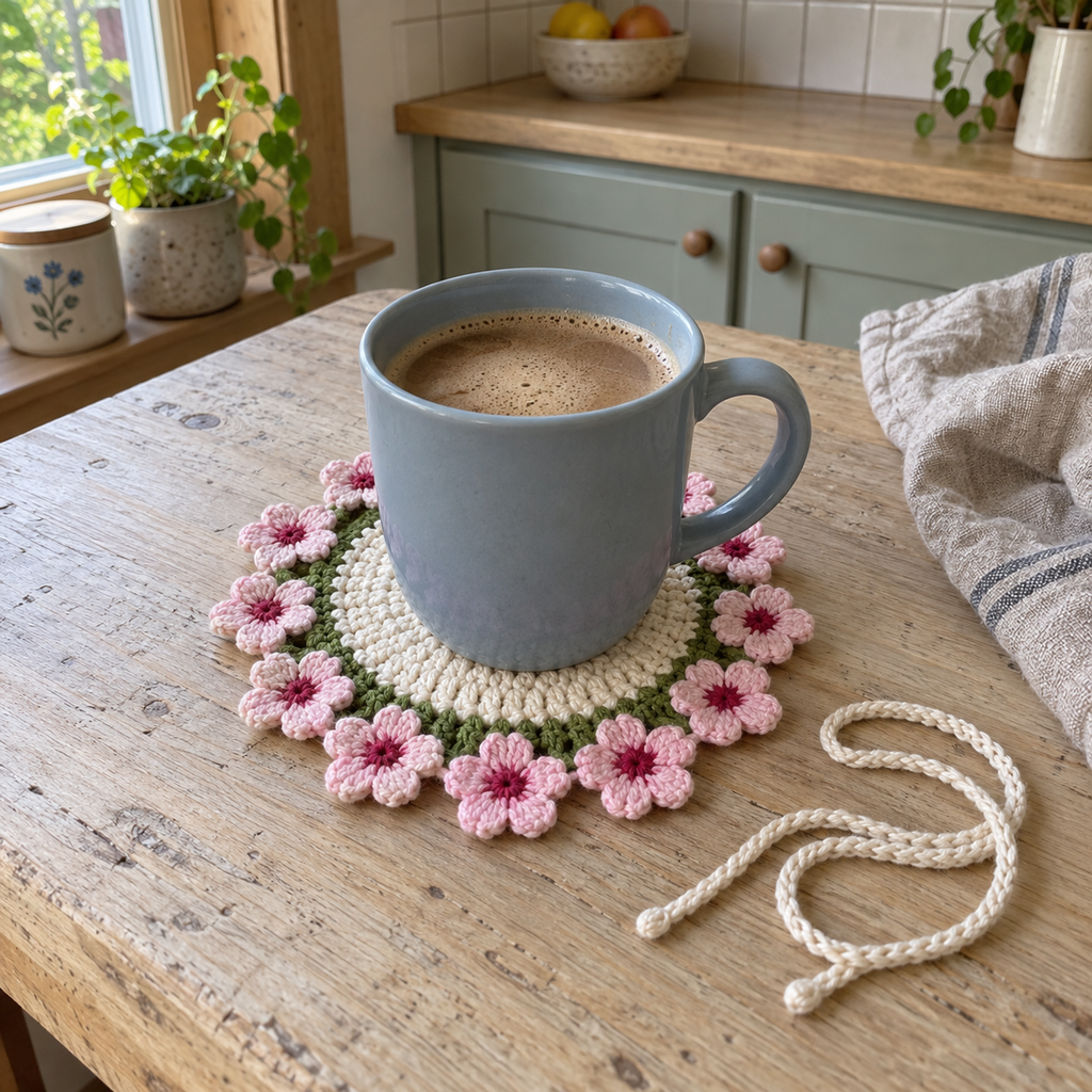 A blue coffee mug on a pink cherry blossom crochet coaster beside its white tie cord on a kitchen table.