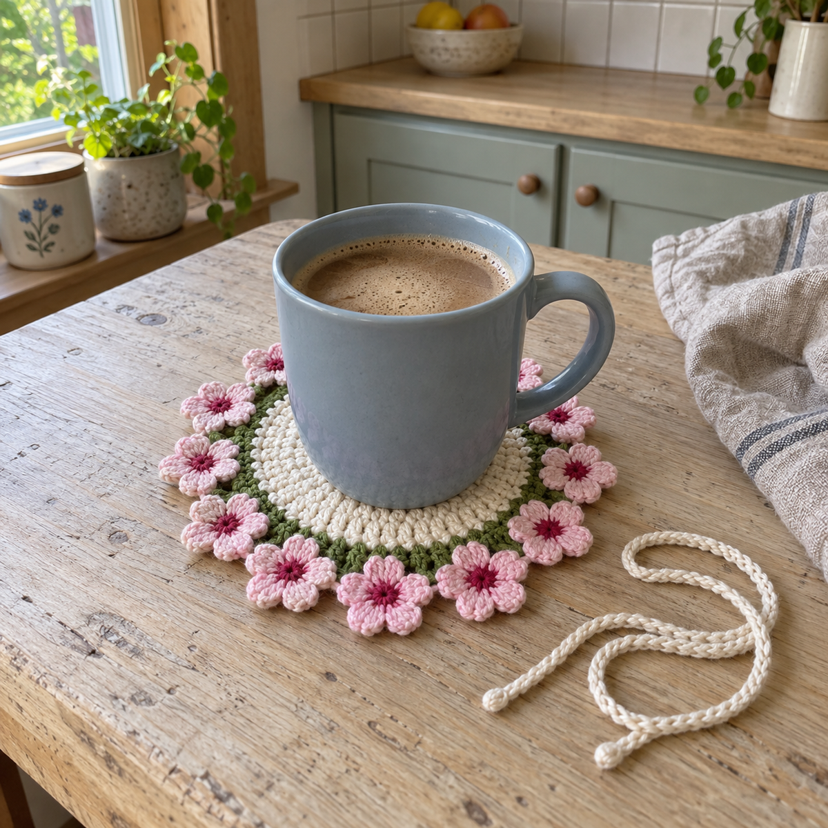 A blue coffee mug on a pink cherry blossom crochet coaster beside its white tie cord on a kitchen table.