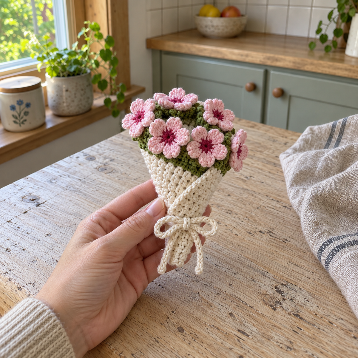 A hand holds the pink cherry blossom coaster rolled into a small white crochet bouquet and tied with a white bow.