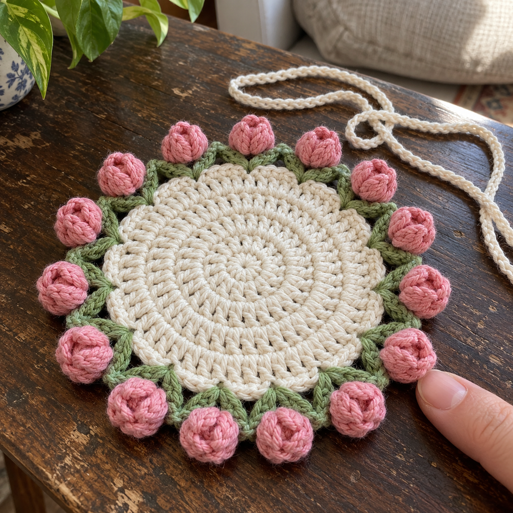 A fingertip beside the pink popcorn rosebud rim of a flat white crochet coaster on a wooden table.