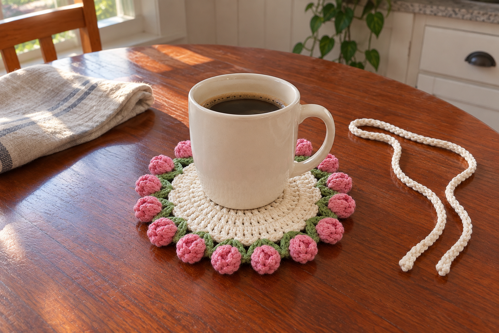 Rosebud: a coffee mug on a flat warm-white crochet coaster edged with rose-pink popcorn buds and green leaves.